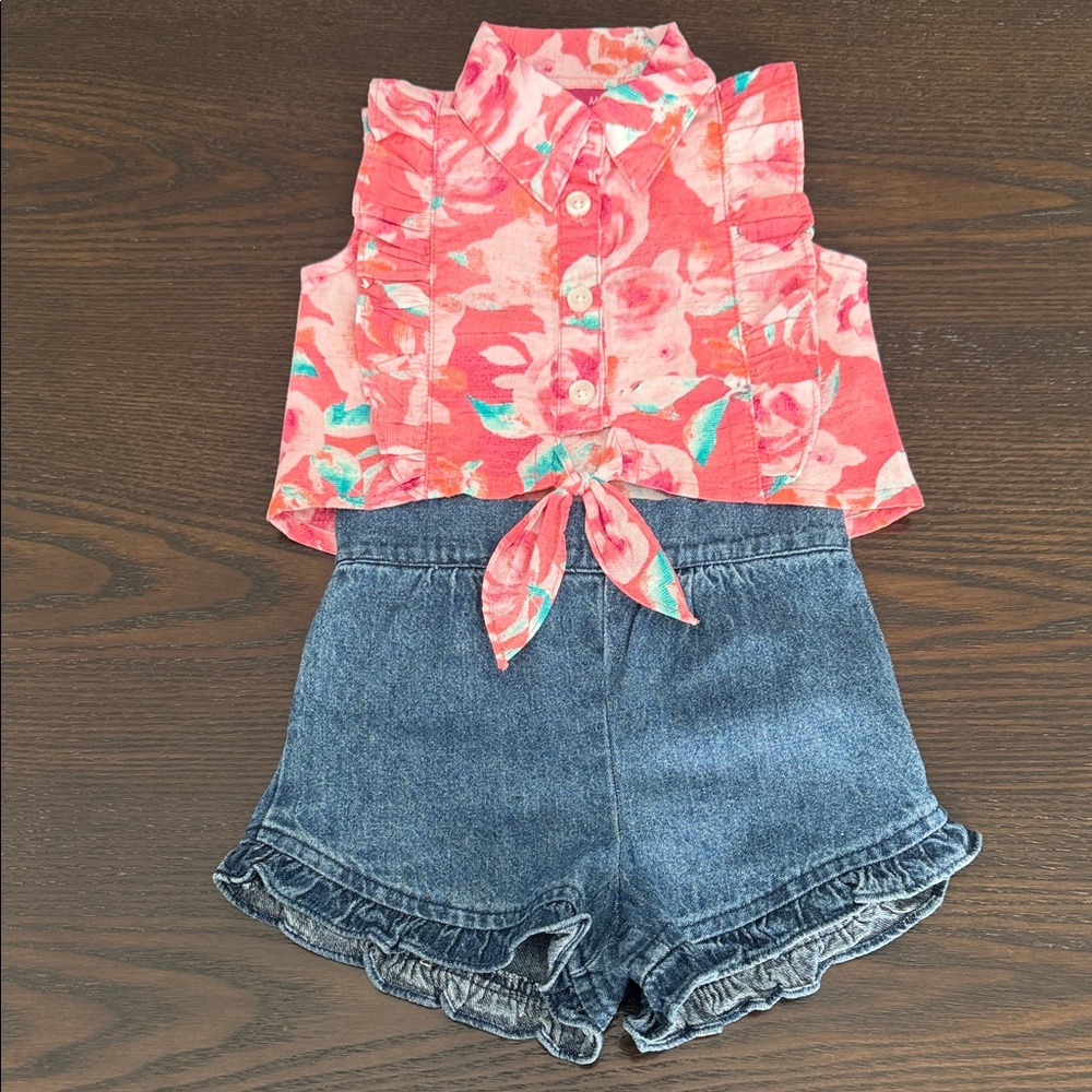 Floral Coral Top and Denim Shorts Set for Kids